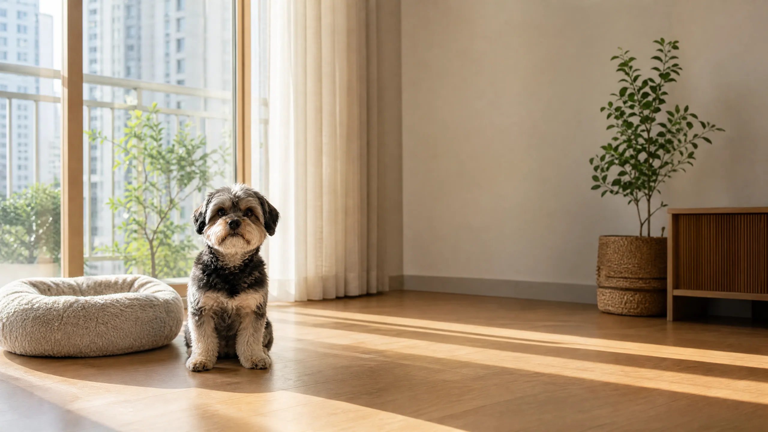 밝은 집 안에서 편안히 쉬는 작은 강아지